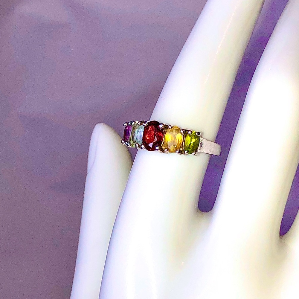 MULTI-GEMSTONE Sterling Silver Single Band Inlay Vintage Ring Sz 7